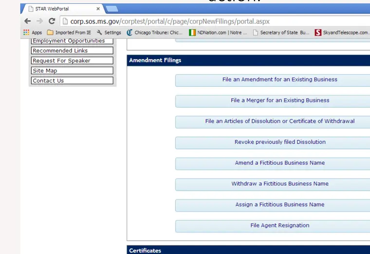 Official Mississippi filing-portal guide showing the Amendment Filings workflow