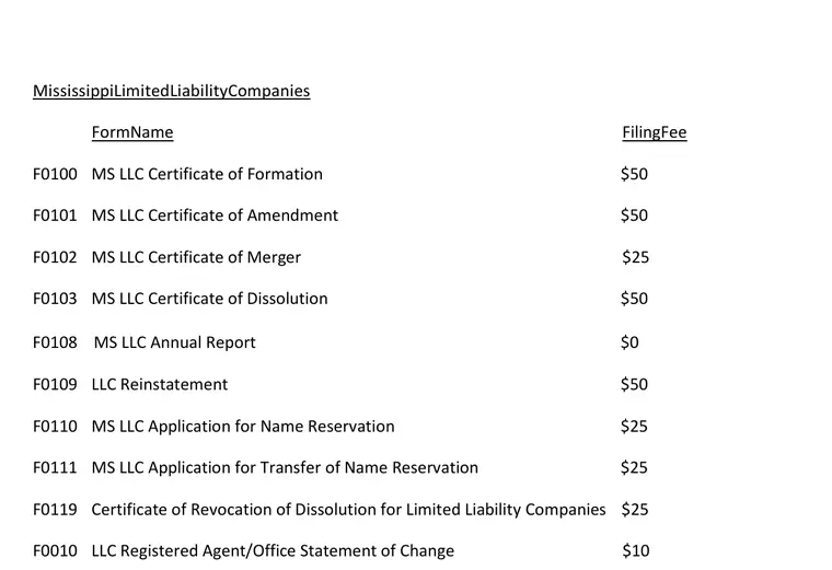 Official Mississippi fee schedule showing the LLC Certificate of Amendment and name-reservation fees