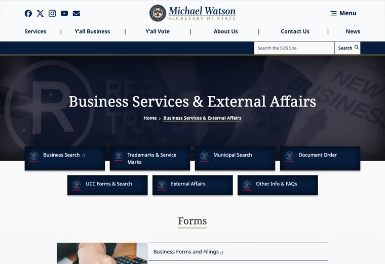 Official Mississippi business-record guidance showing how to review entity status, filings, or record details