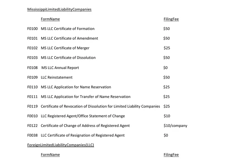 Official Mississippi LLC formation filing source