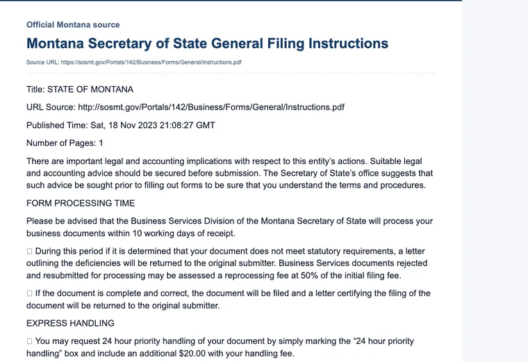Official Montana LLC source showing processing times and expedited filing options