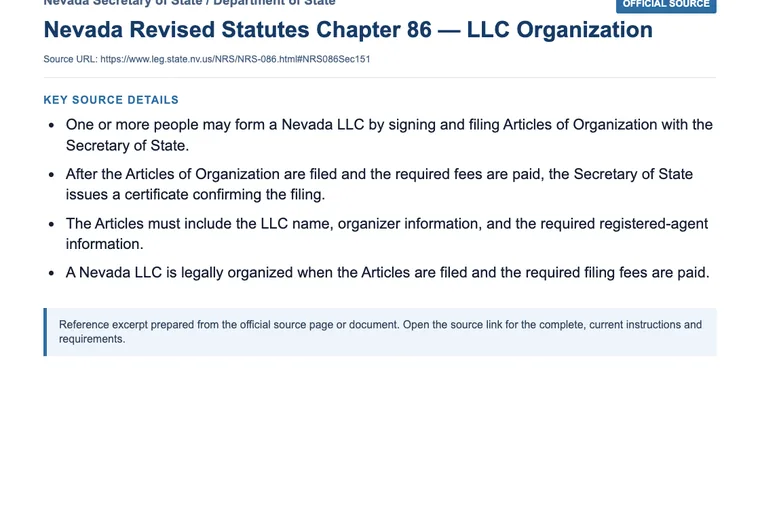 Official Nevada LLC source showing formation filing requirements and submission details
