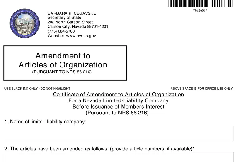 Official Nevada amendment form showing the LLC name and amendment fields