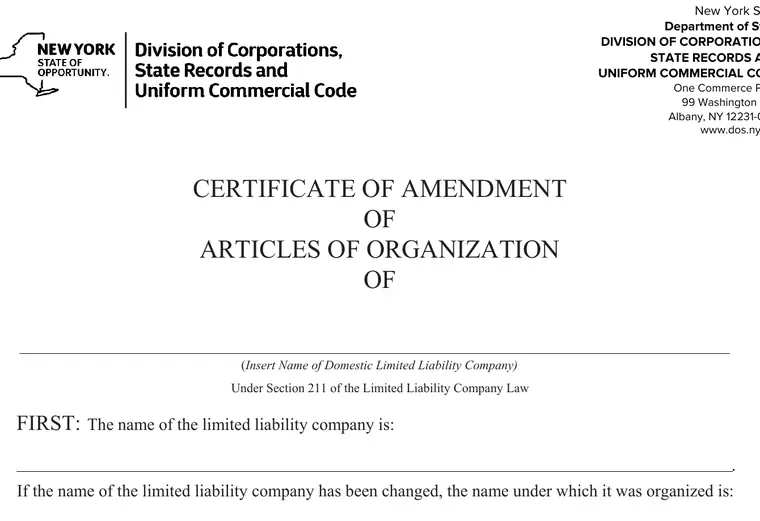 Official New York Certificate of Amendment showing the existing and amended LLC name fields