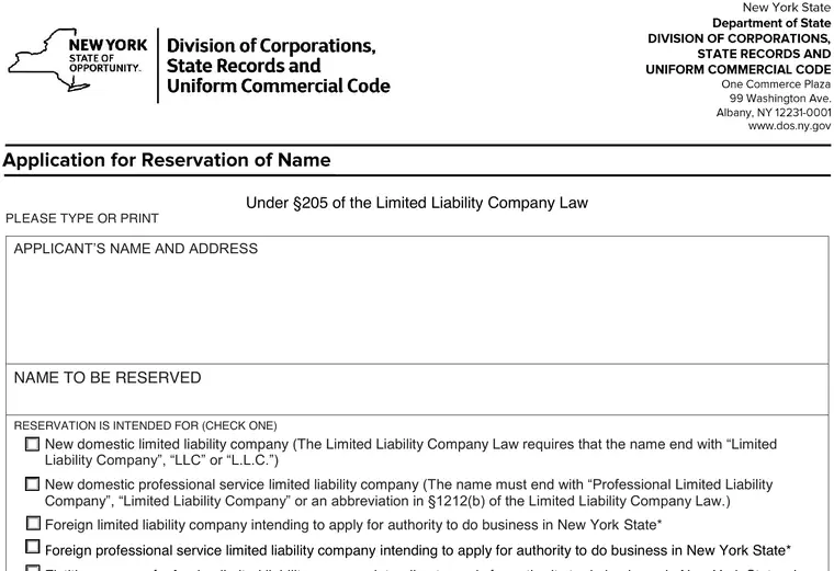 Official New York name-reservation application showing the existing-LLC name-change option and $20 fee