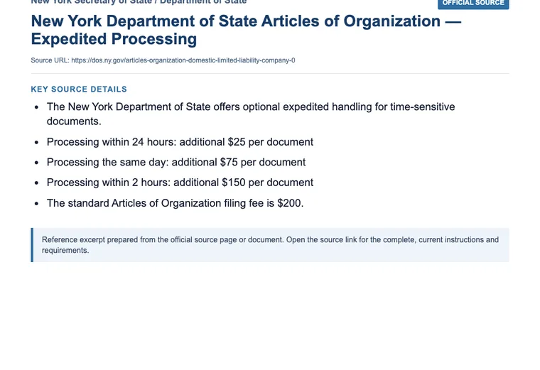 Official New York LLC source showing processing times and expedited filing options
