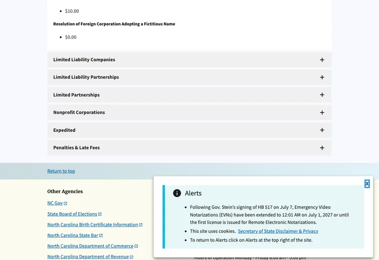 Official North Carolina LLC source showing processing times and expedited filing options