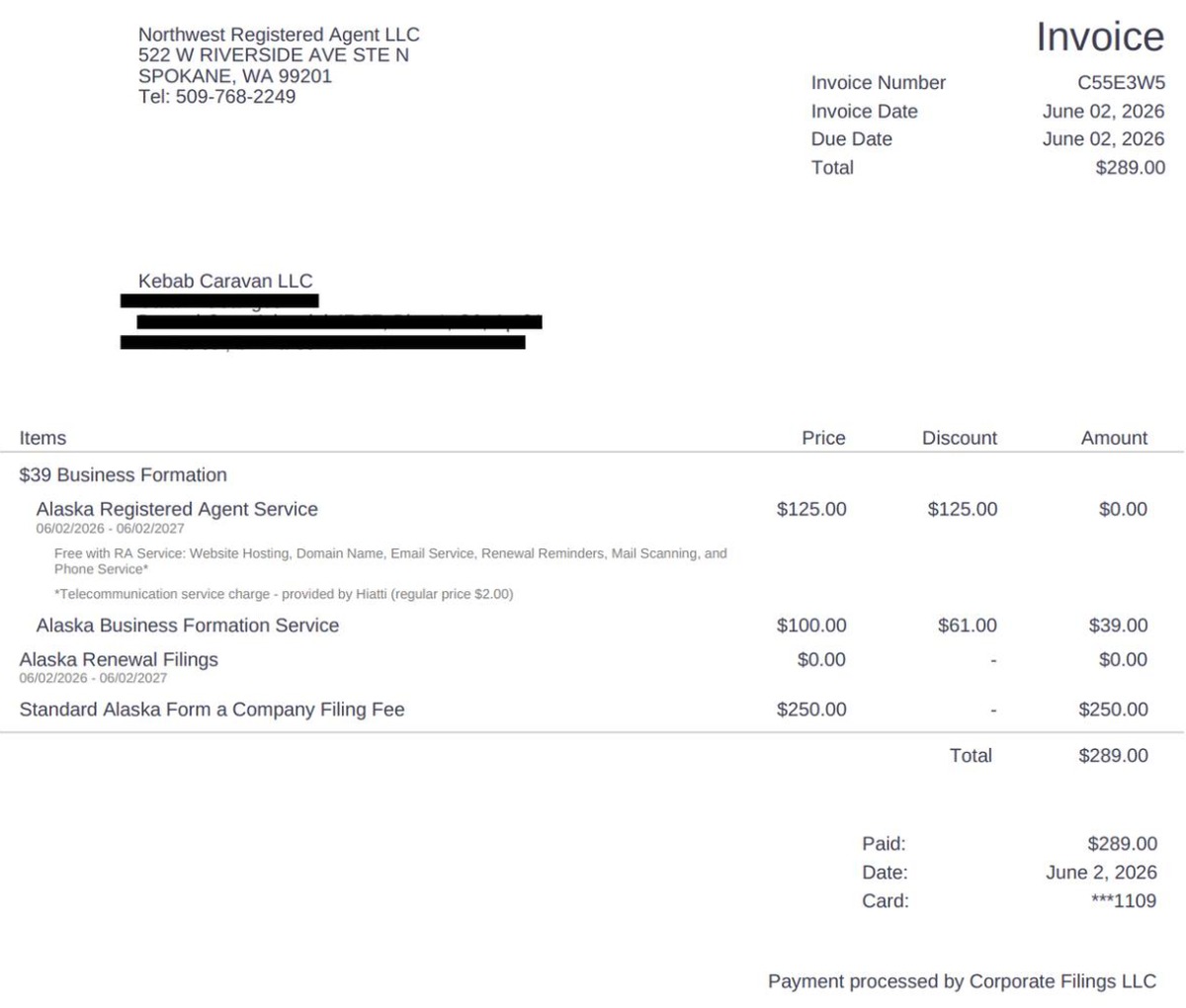 Northwest Registered Agent invoice showing a total and paid amount of $289.00 for Alaska business formation and registered agent services.