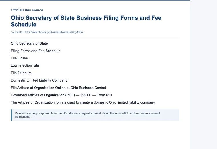 Official Ohio LLC source showing formation filing requirements and submission details
