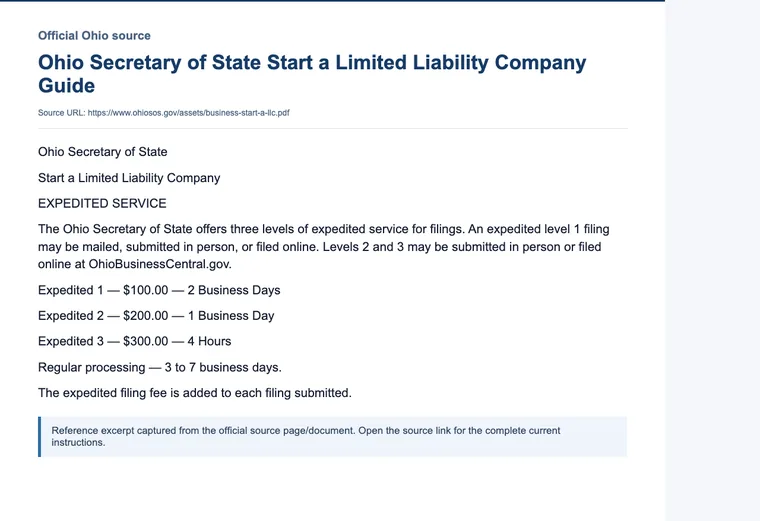 Official Ohio LLC source showing processing times and expedited filing options