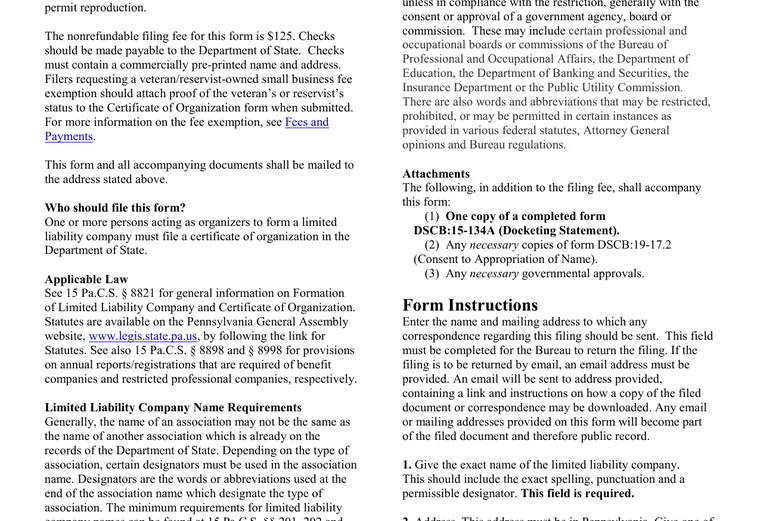 Official Pennsylvania LLC source showing formation filing requirements and submission details