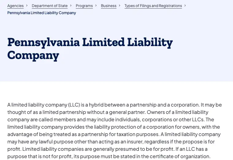 Official Pennsylvania LLC formation filing source