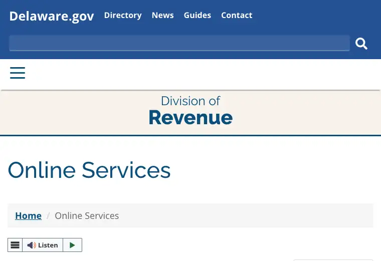 Official Delaware business tax filing and payment portal showing state tax account and submission services