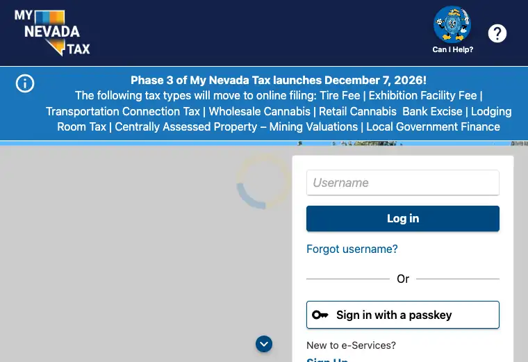 Official Nevada business tax filing and payment portal showing state tax account and submission services