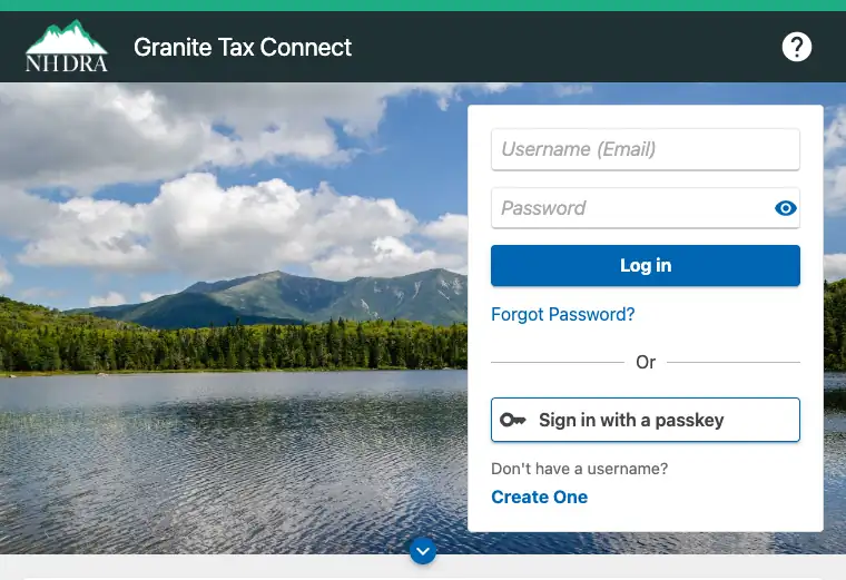 Official New Hampshire business tax filing and payment portal showing state tax account and submission services