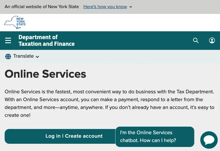 Official New York business tax filing and payment portal showing state tax account and submission services