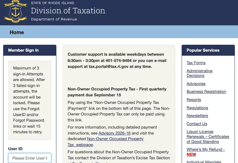 Official Rhode Island business tax filing and payment portal showing state tax account and submission services