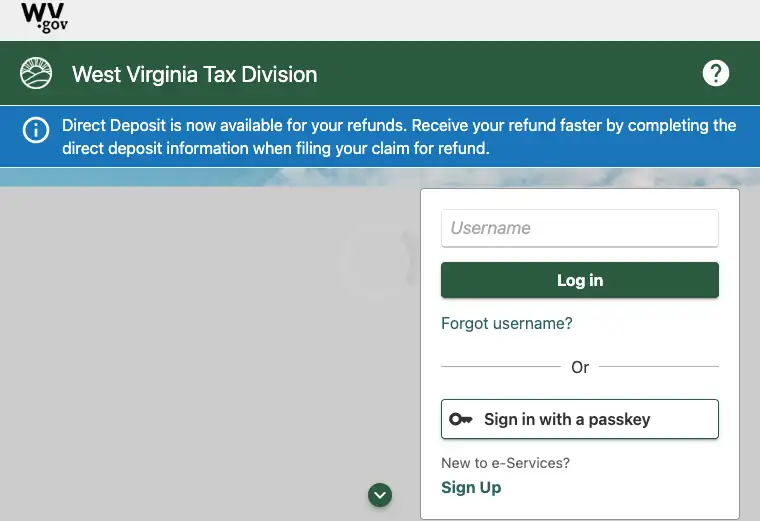 Official West Virginia business tax filing and payment portal showing state tax account and submission services
