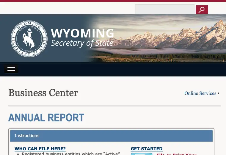 Official Wyoming business tax filing and payment portal showing state tax account and submission services