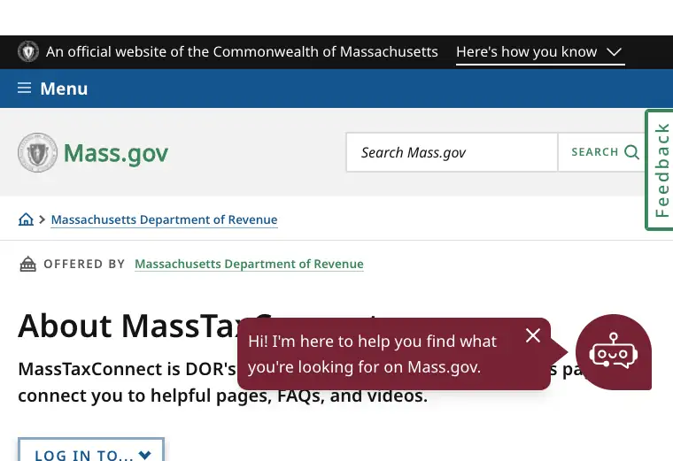 Official Massachusetts business tax filing and payment portal showing state tax account and submission services