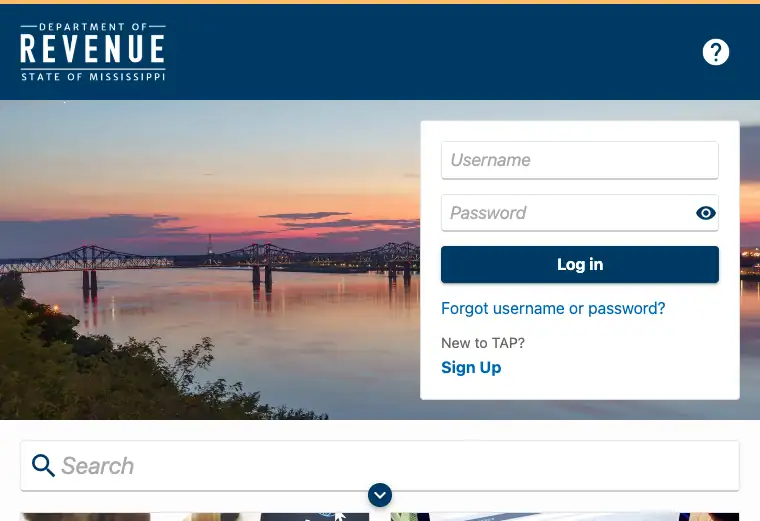 Official Mississippi business tax filing and payment portal showing state tax account and submission services