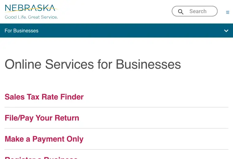 Official Nebraska business tax filing and payment portal showing state tax account and submission services
