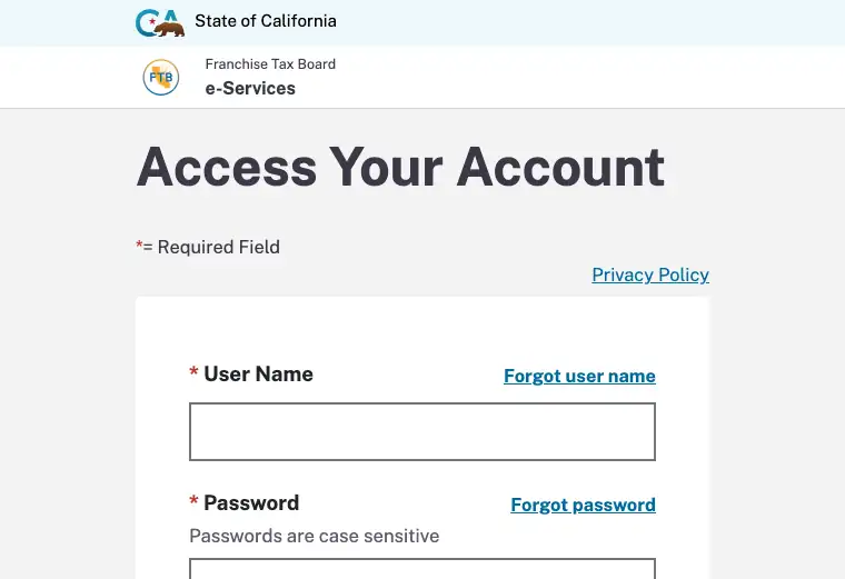 Official California business tax filing and payment portal showing state tax account and submission services
