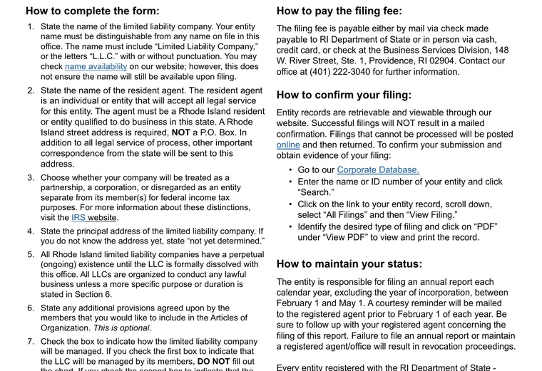 Official Rhode Island LLC source showing formation filing requirements and submission details