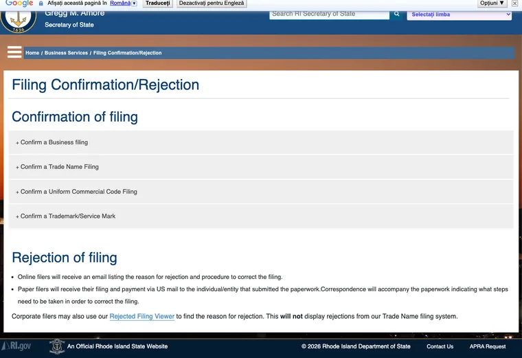 Official Rhode Island LLC source showing processing times and expedited filing options