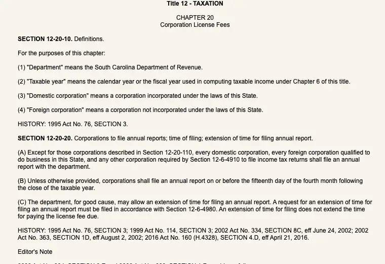 Official South Carolina LLC additional LLC cost source