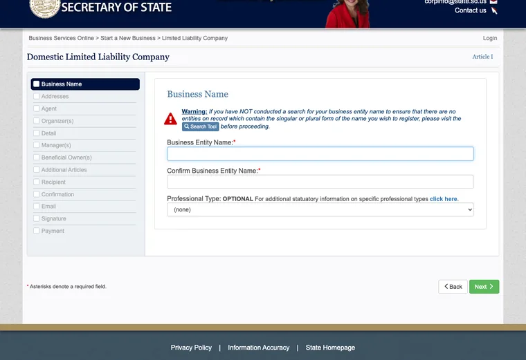 Official South Dakota LLC source showing formation filing requirements and submission details