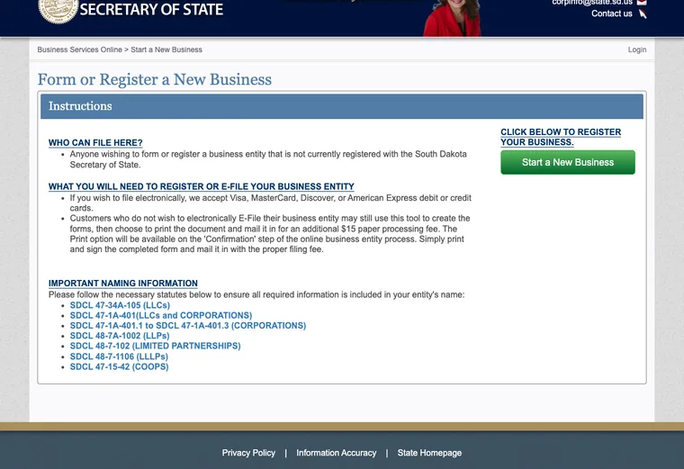 Official South Dakota LLC source showing processing times and expedited filing options