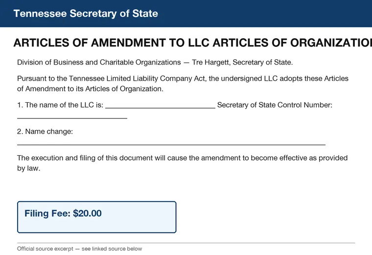 Official Tennessee LLC Articles of Amendment excerpt showing the entity name and name-change fields
