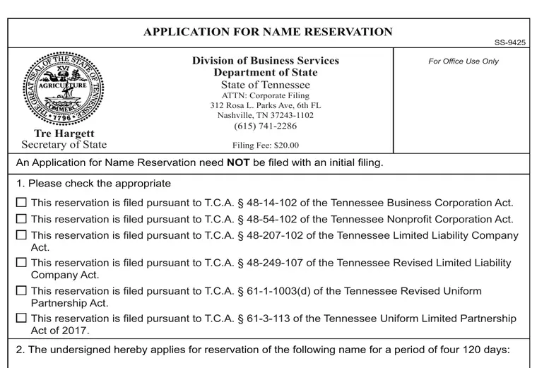Official Tennessee Application for Name Reservation showing the $20 filing fee and reservation name field