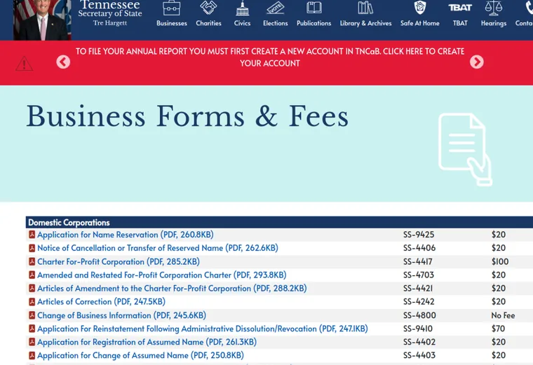 Official Tennessee LLC source showing processing times and expedited filing options