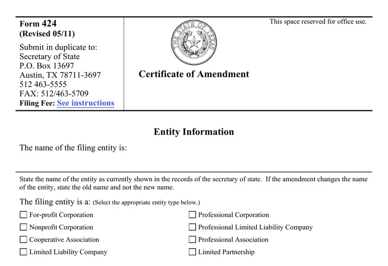 Official Texas Form 424 showing the entity information and amended-name section