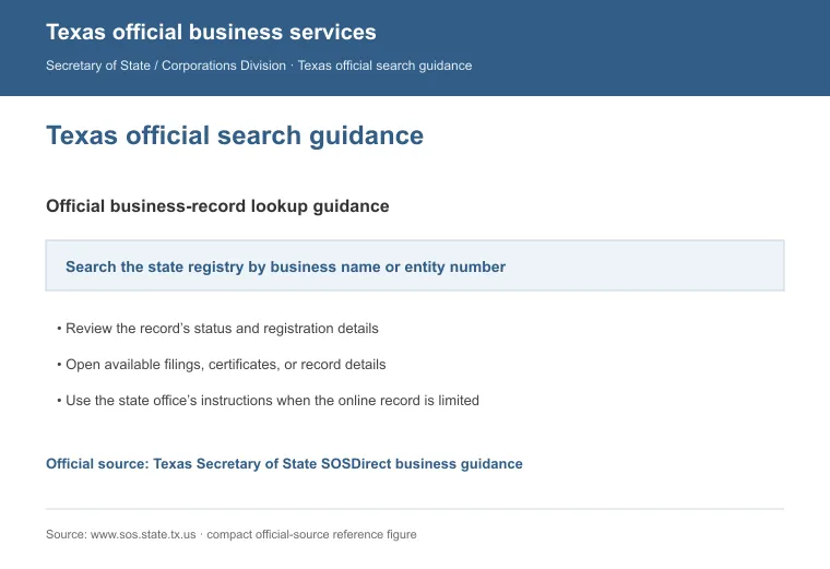Official Texas business-record guidance showing how to review entity status, filings, or record details