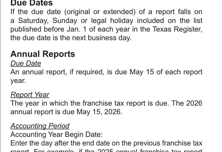Texas Comptroller 2026 franchise tax instructions showing due dates and the May 15 annual report deadline.