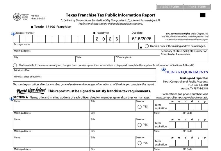 Texas Comptroller 2026 Public Information Report Form 05-102 showing the report year, due date, taxpayer information, filing requirements, and signature sections.