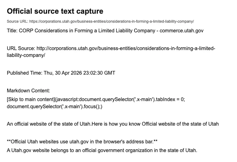 Official Utah LLC formation filing source