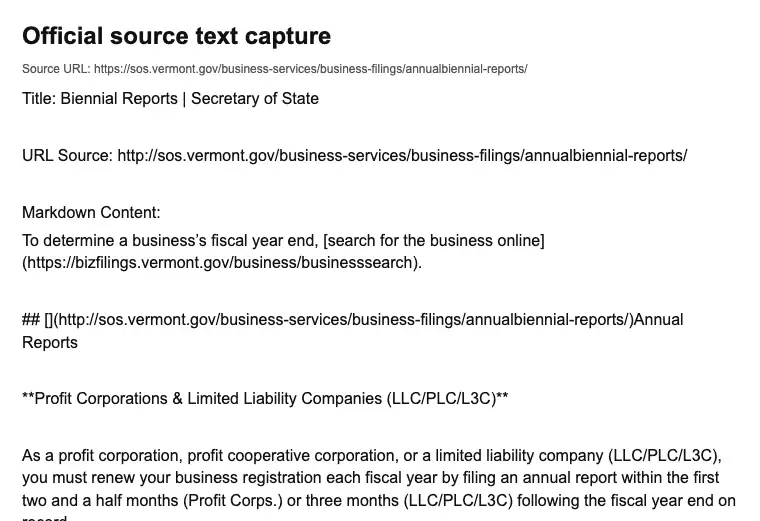 Official Vermont LLC additional LLC cost source
