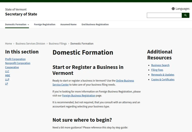 Official Vermont LLC source showing formation filing requirements and submission details