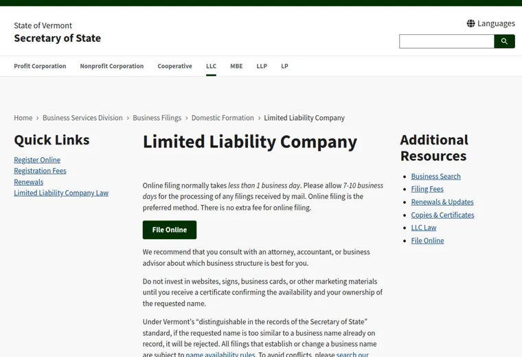 Official Vermont LLC source showing processing times and expedited filing options