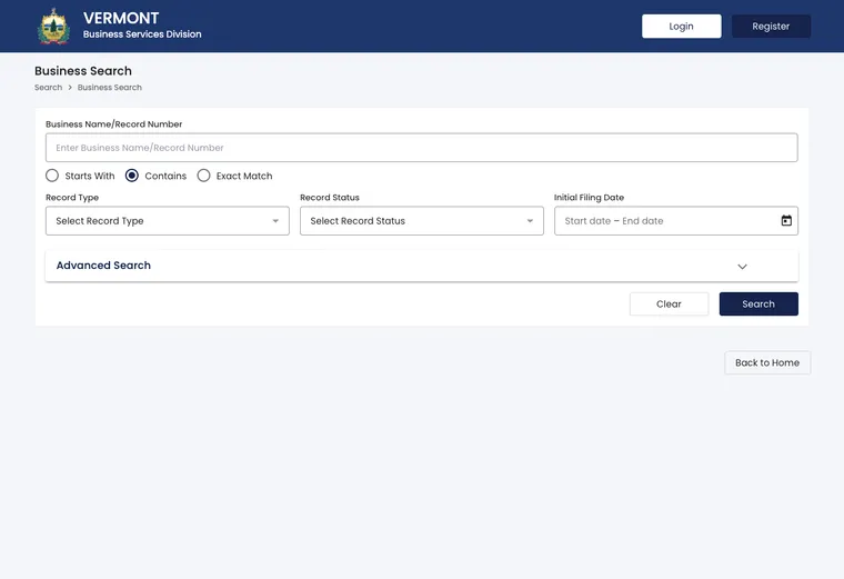 Official Vermont business entity search interface for looking up an LLC by name or identification number