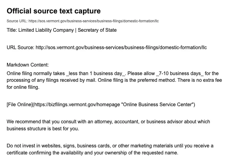 Official Vermont LLC formation filing source