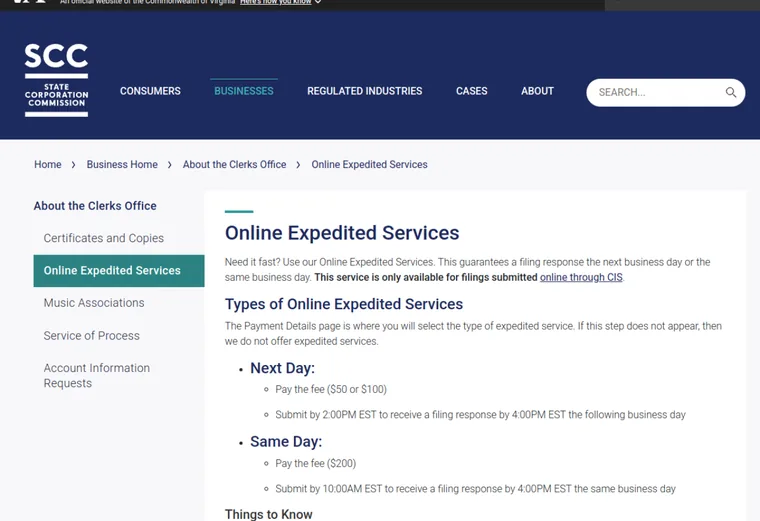 Official Virginia LLC source showing processing times and expedited filing options