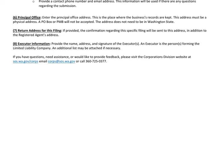 Official Washington LLC formation form showing registered-agent, organizer, and submission details