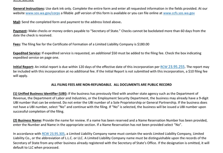 Official Washington LLC source showing formation filing requirements and submission details