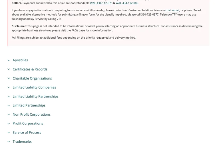 Official Washington LLC source showing processing times and expedited filing options