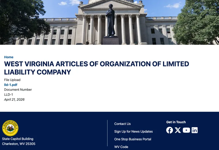 Official West Virginia LLC source showing formation filing requirements and submission details